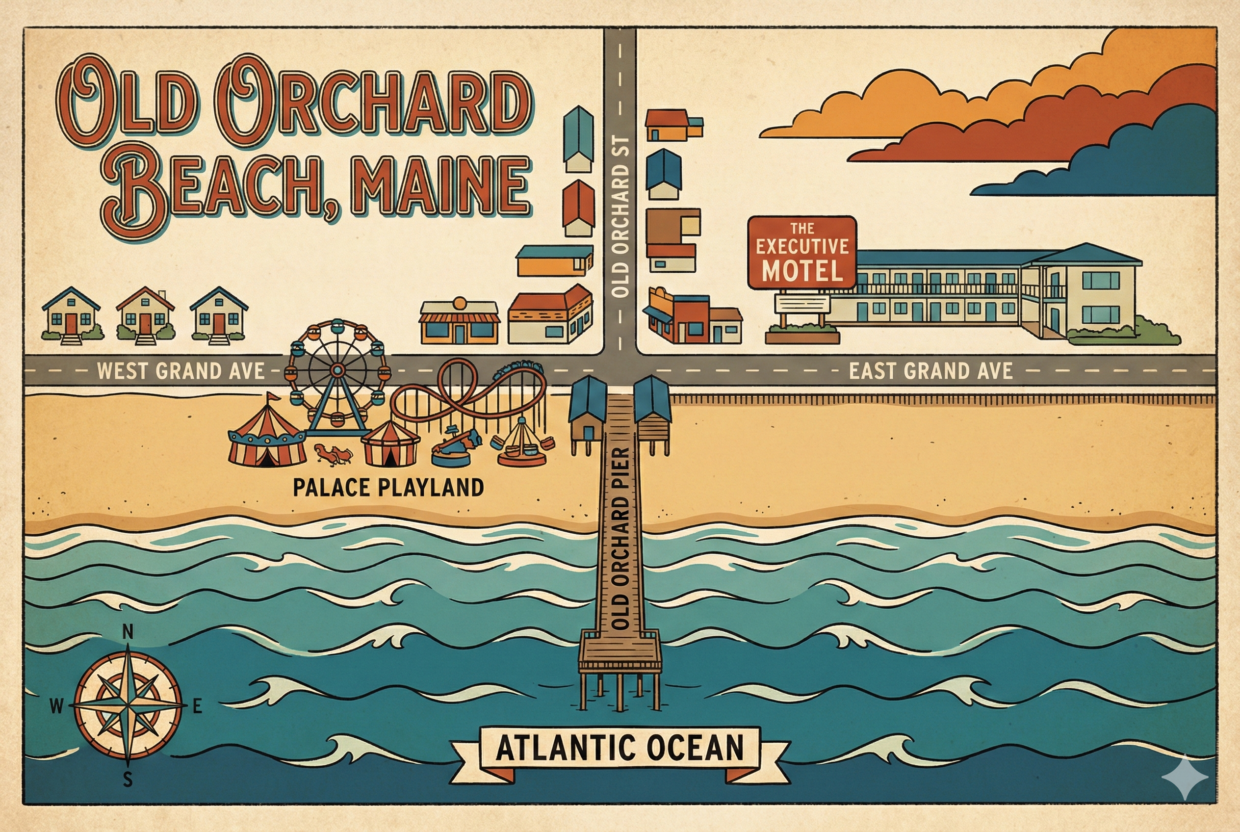 Illustrated map of Old Orchard Beach showing Crosswinds Cottages location
